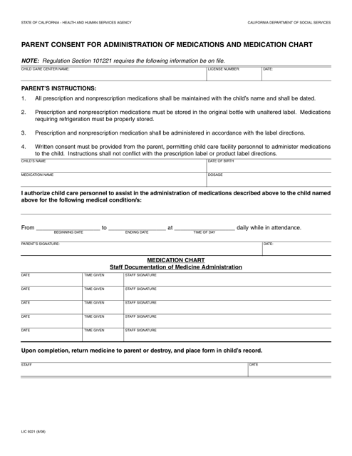 Form LIC 9221 Download Fillable PDF Parent Consent For Administration 