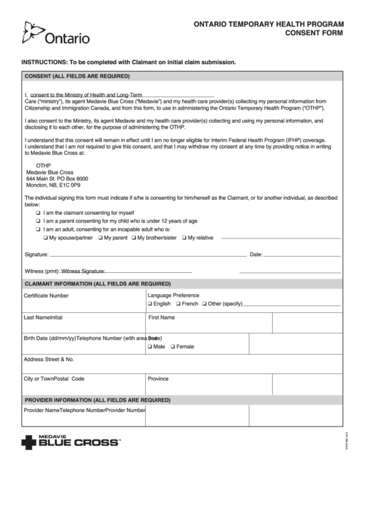 Form Othp 003 Ontario Temporary Health Program Consent Form Printable