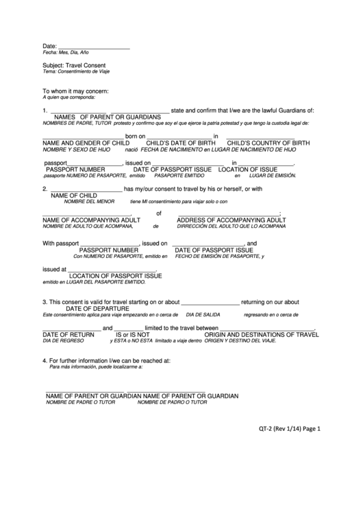 Form Qt 2 Travel Consent Form Printable Pdf Download