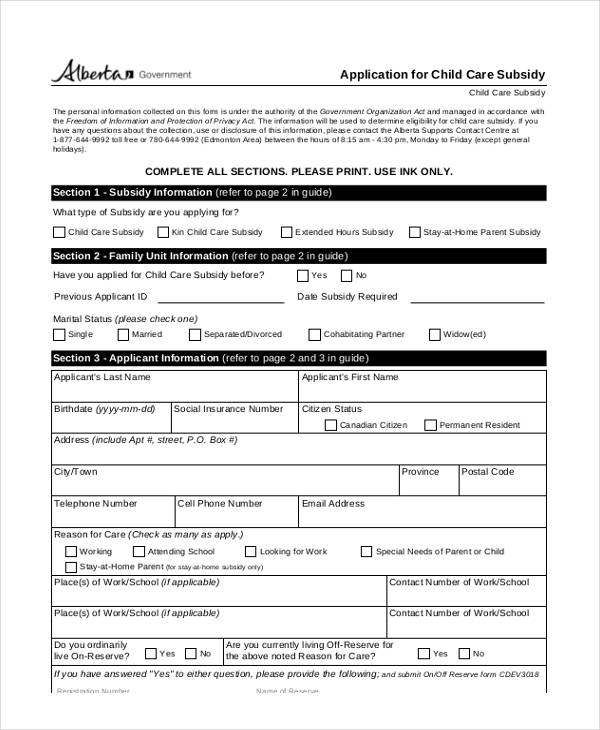 FREE 11 Child Care Application Forms In PDF MS Word