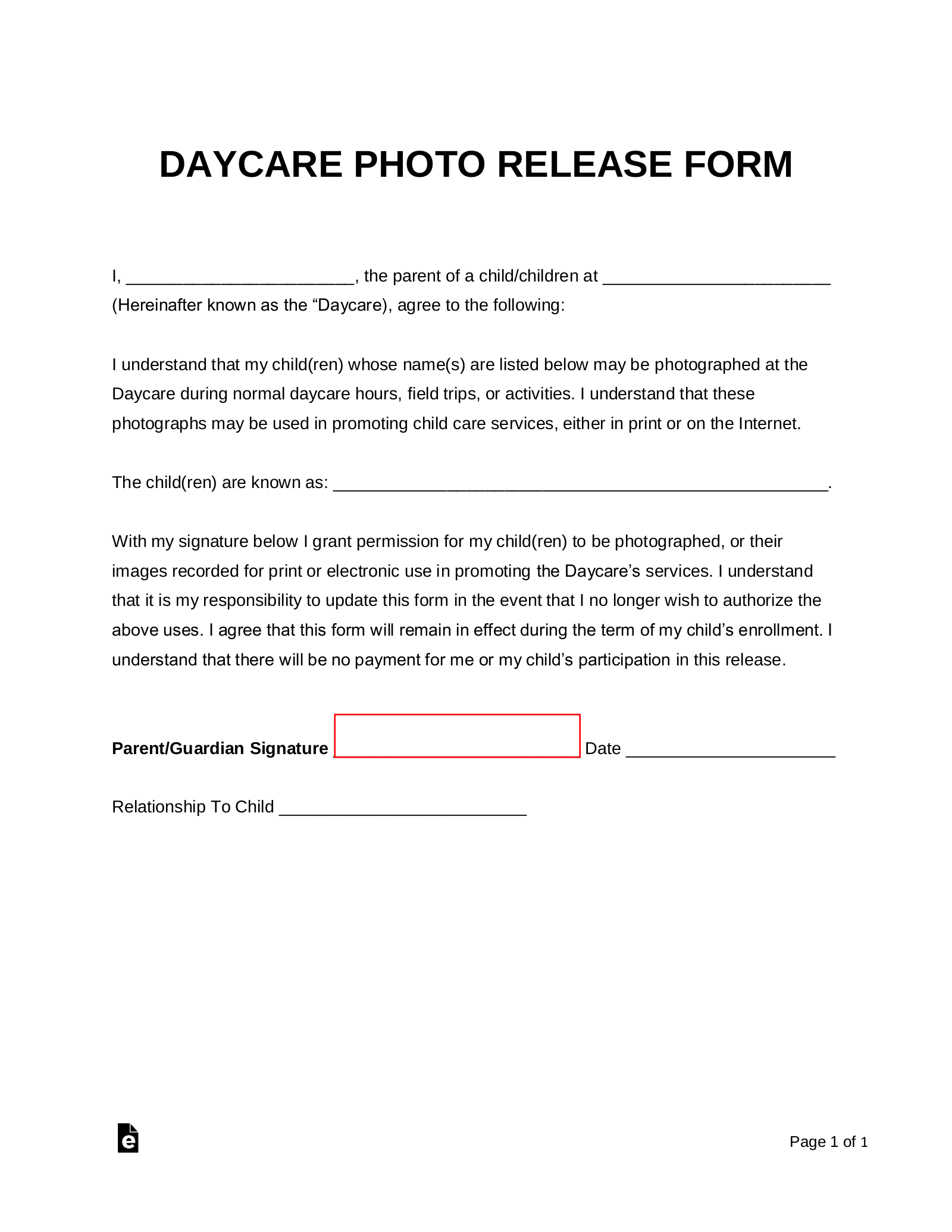 Free Daycare Photo Release Form PDF Word EForms