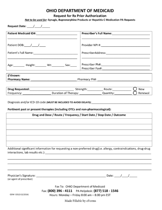 Free Ohio Medicaid Prior Authorization Form PDF EForms Free 
