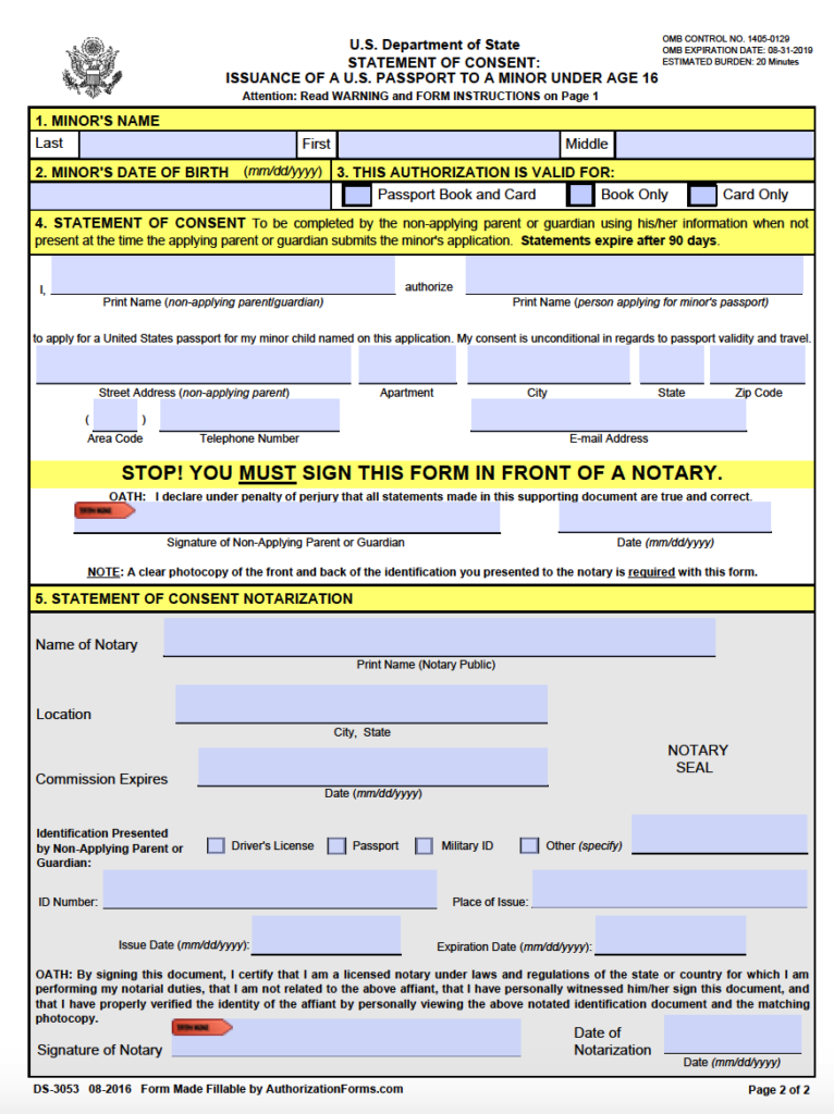 Free Passport Parental Consent Form DS 3053 PDF