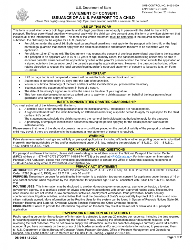 Free Passport Parental Consent Form DS 3053 PDF EForms