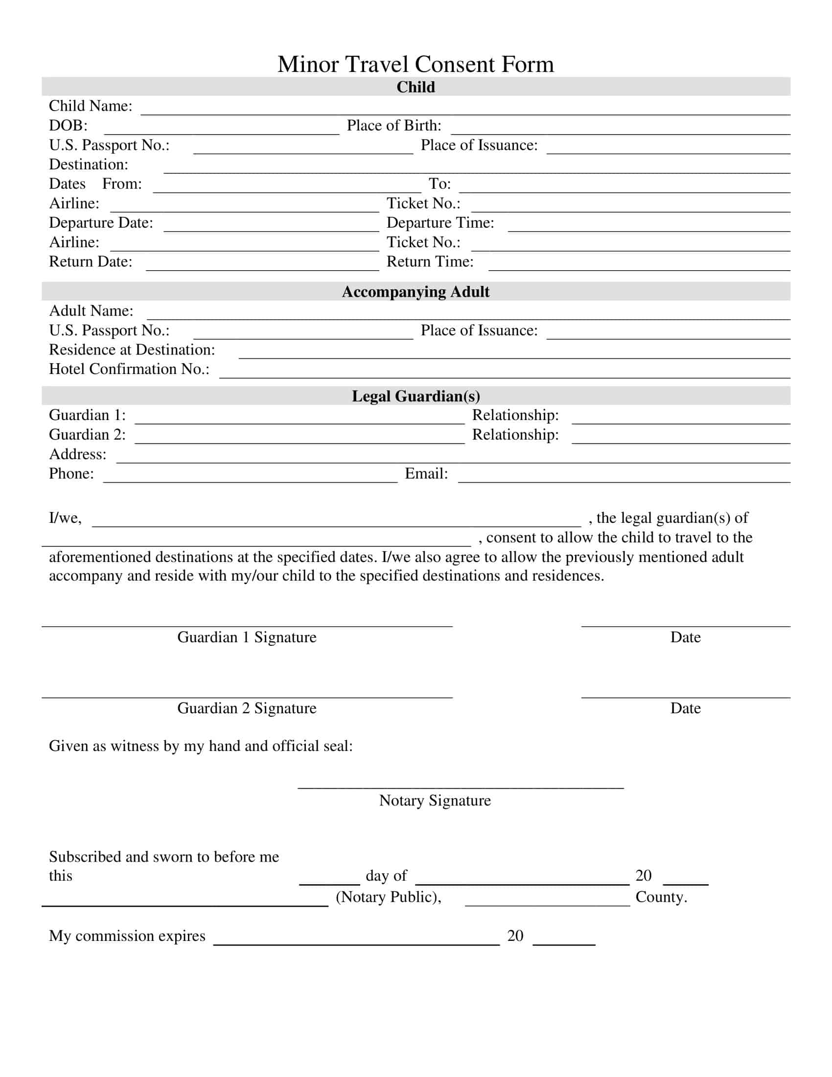 Free Printable Minor Child Travel Consent Form Template Word PDF