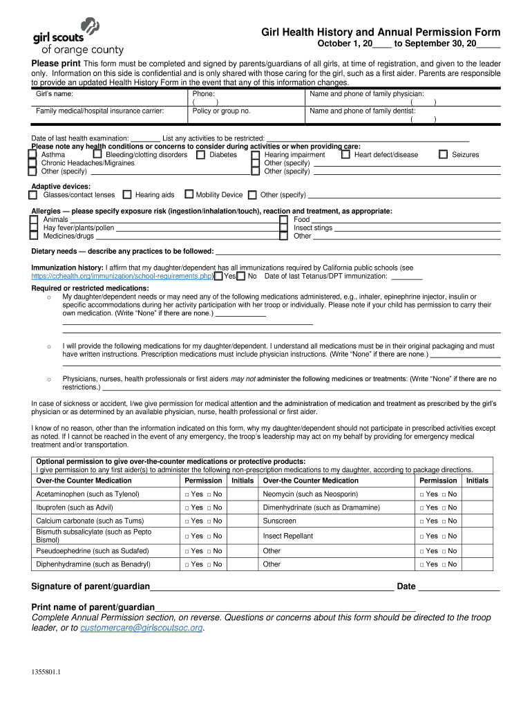 Girl Scouts Girl Health History And Annual Permission Form Orange 