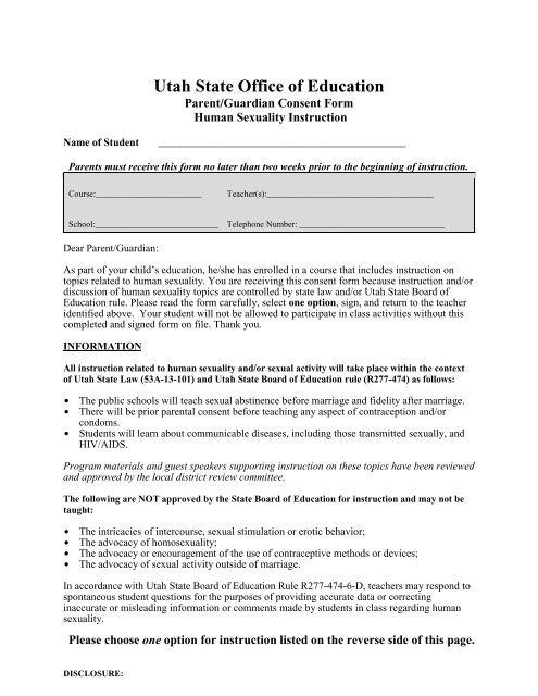 Human Sexuality Parent Consent Form USOE