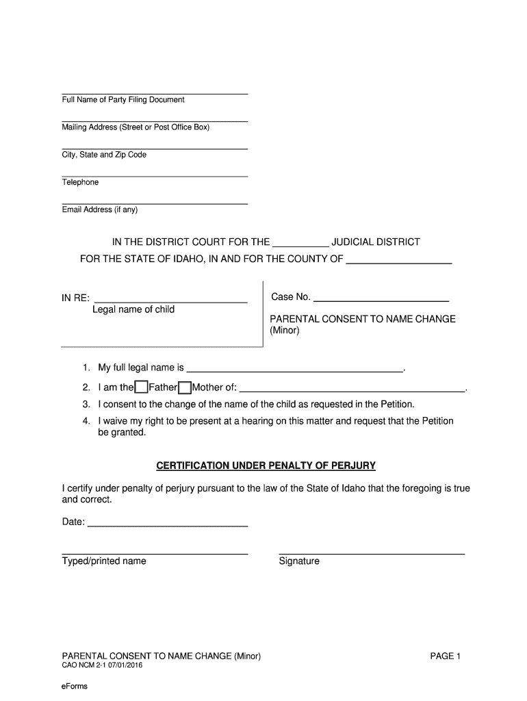 Idaho Parental Consent To Name Change Minor Form Fill Out And Sign 