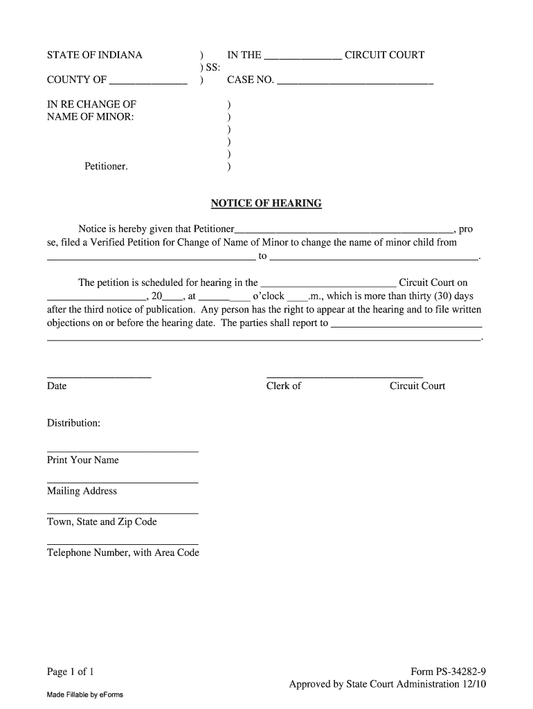 Indiana Notice Of Hearing No Consent Fill Out And Sign Printable PDF 