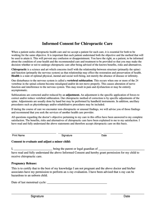 Informed Consent For Chiropractic Care Printable Pdf Download