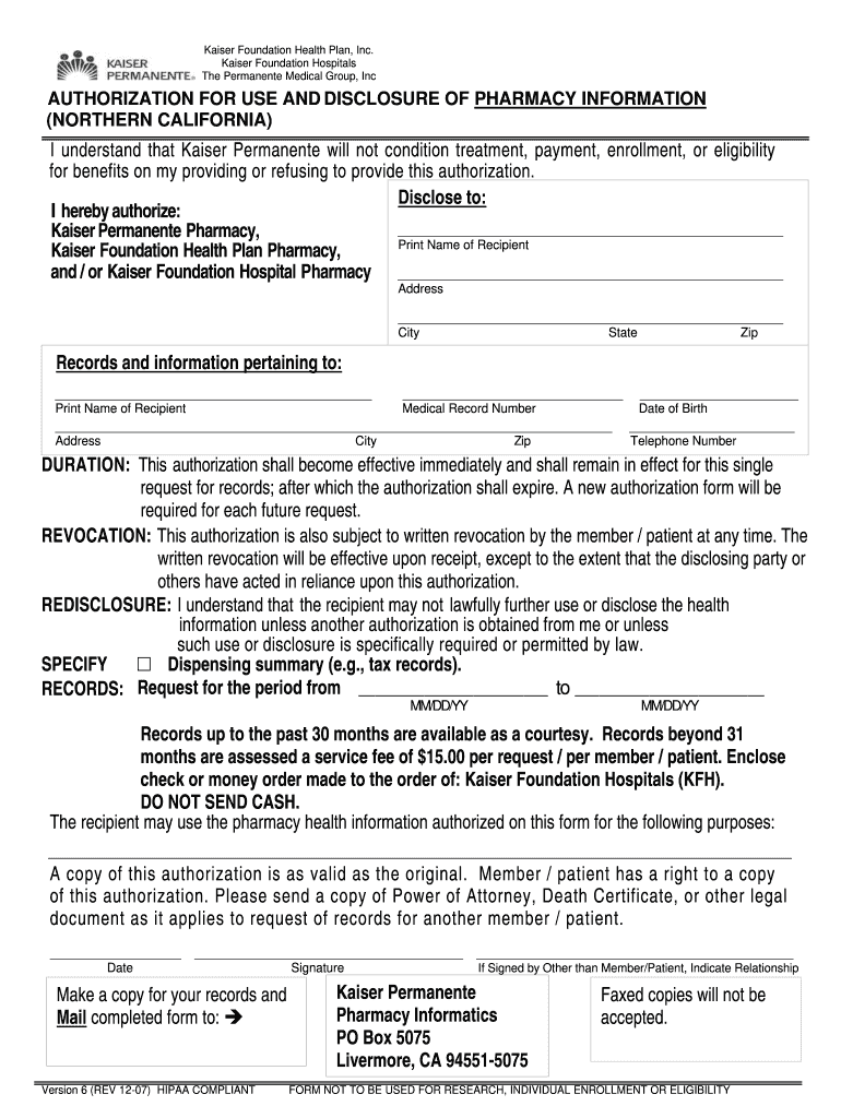 Kaiser Permanente Hipaa Authorization Form Fill Out Sign Online DocHub