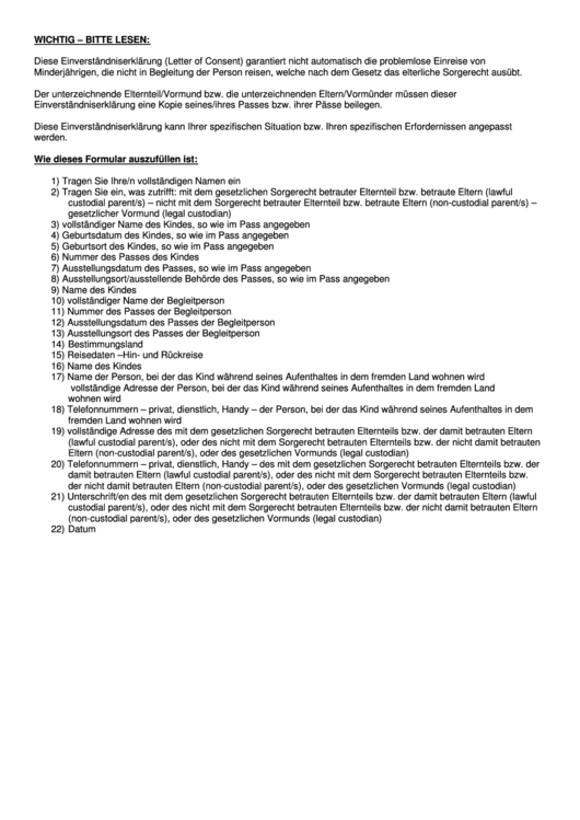 Letter Of Consent For Travel Of A Minor Child English german 