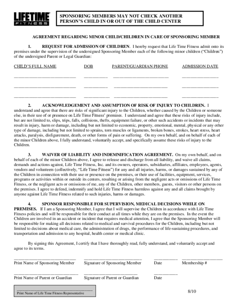 LifeTime Fitness Agreement Regarding Minor Child Children In Care Of 