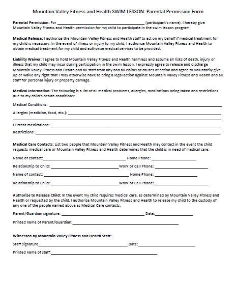 Lifetime Fitness Parental Consent Form Consent Form