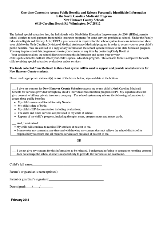 Medicaid Parent Consent Form New Hanover County Schools Printable Pdf 