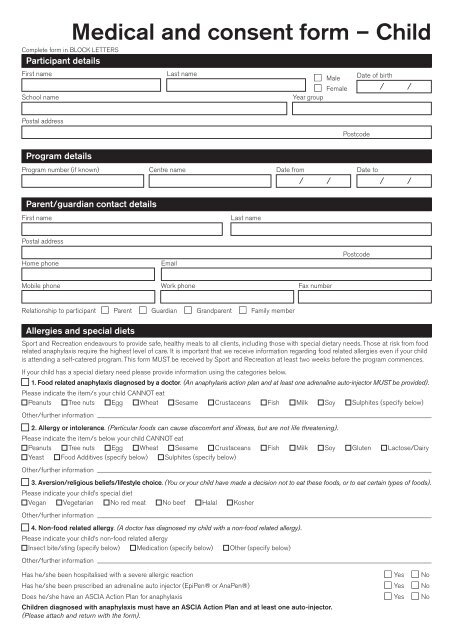 Medical And Consent Form Child NSW Sport And Recreation 
