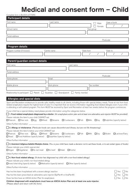 Medical And Consent Form Child NSW Sport And Recreation