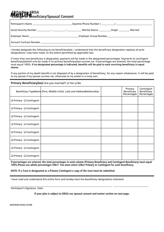 Metlife Change Of Beneficiary spousal Consent Form Printable Pdf Download