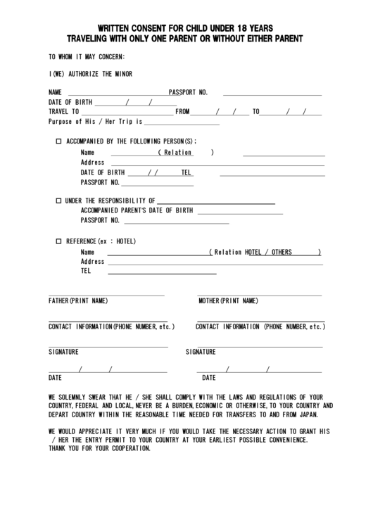 Minor Traveling With One Parent Consent Form 2024 Printable Consent 