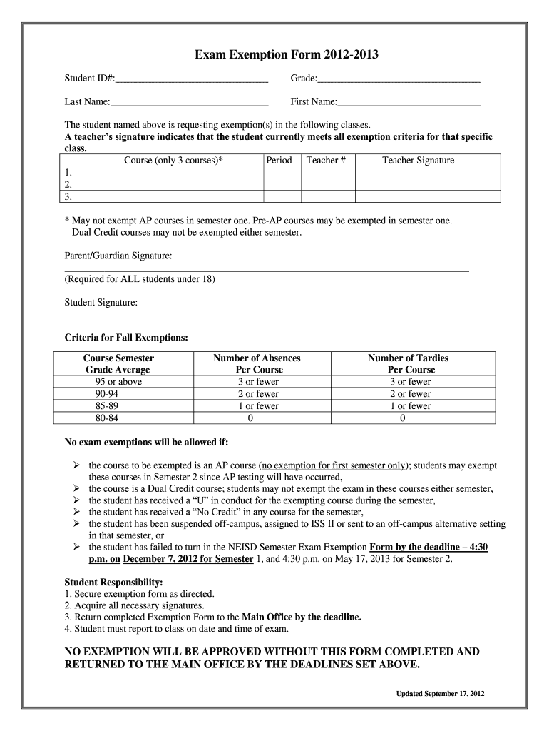 Neisd Exam Exemption Form Fill Online Printable Fillable Blank 