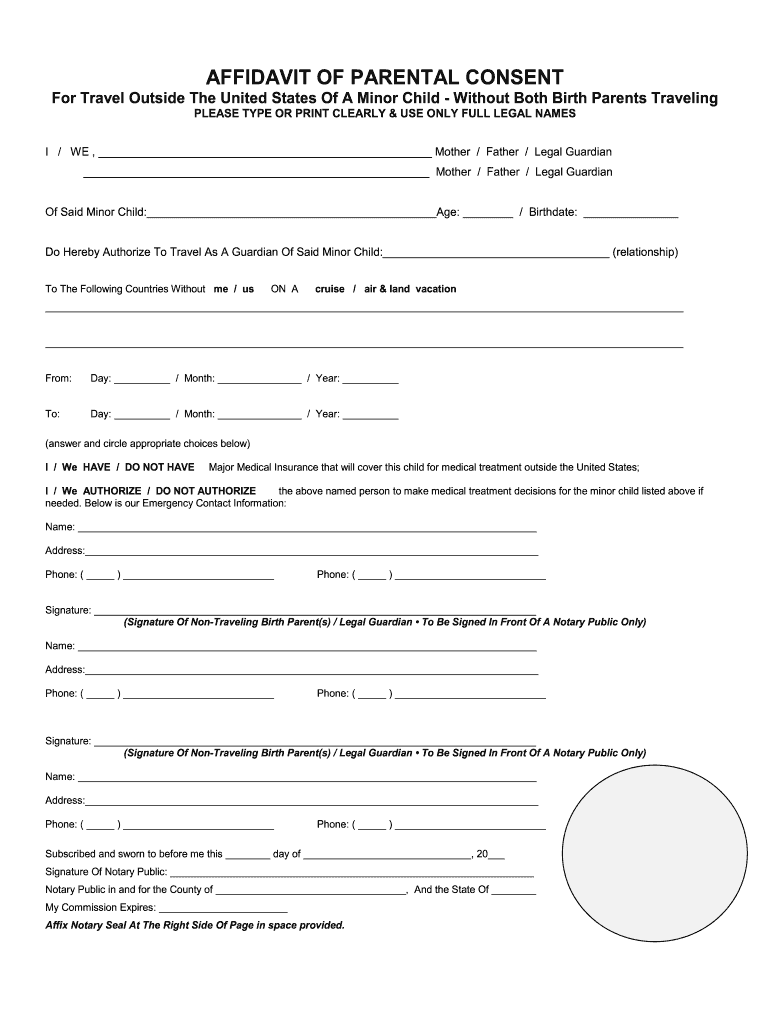 Notarized Parental Consent Form For Minor Child International Travel 
