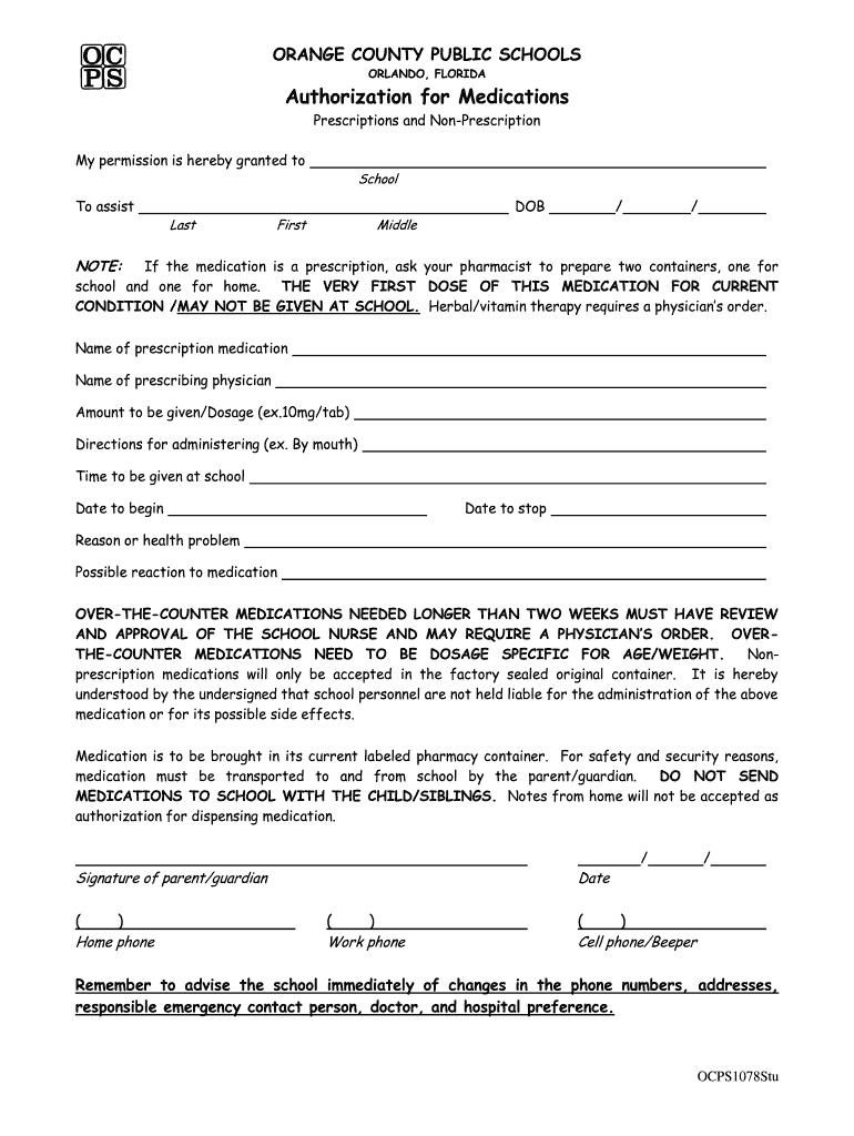 Ocps Medication Authorization Form Fill Online Printable Fillable 