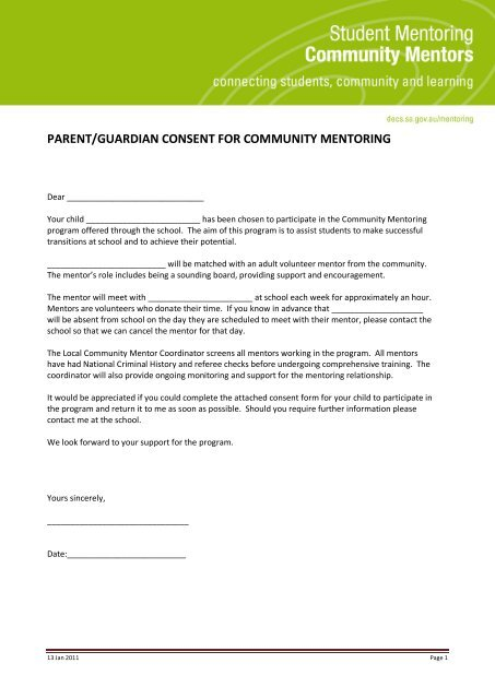 Parent guardian Consent For Community Mentoring