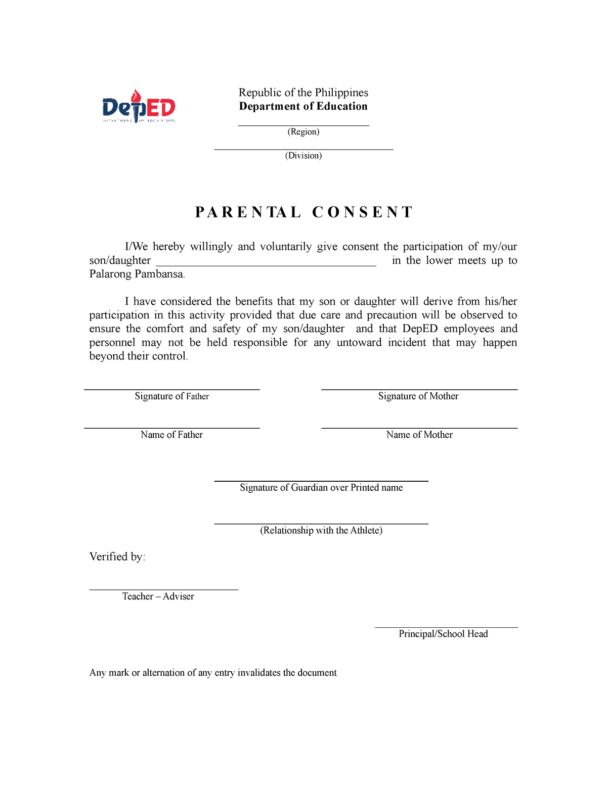 Parental Consent Educational Republic Of The Philippines Department