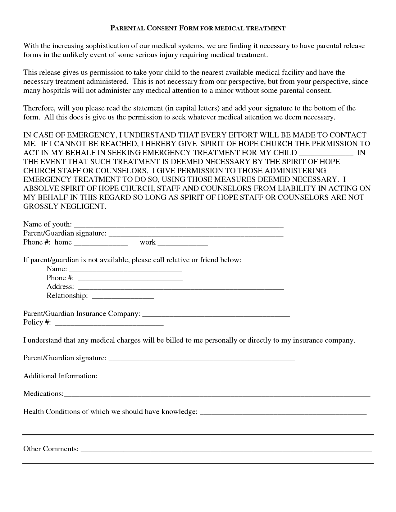 Parental Consent Form For Medical Treatment Free Printable Documents