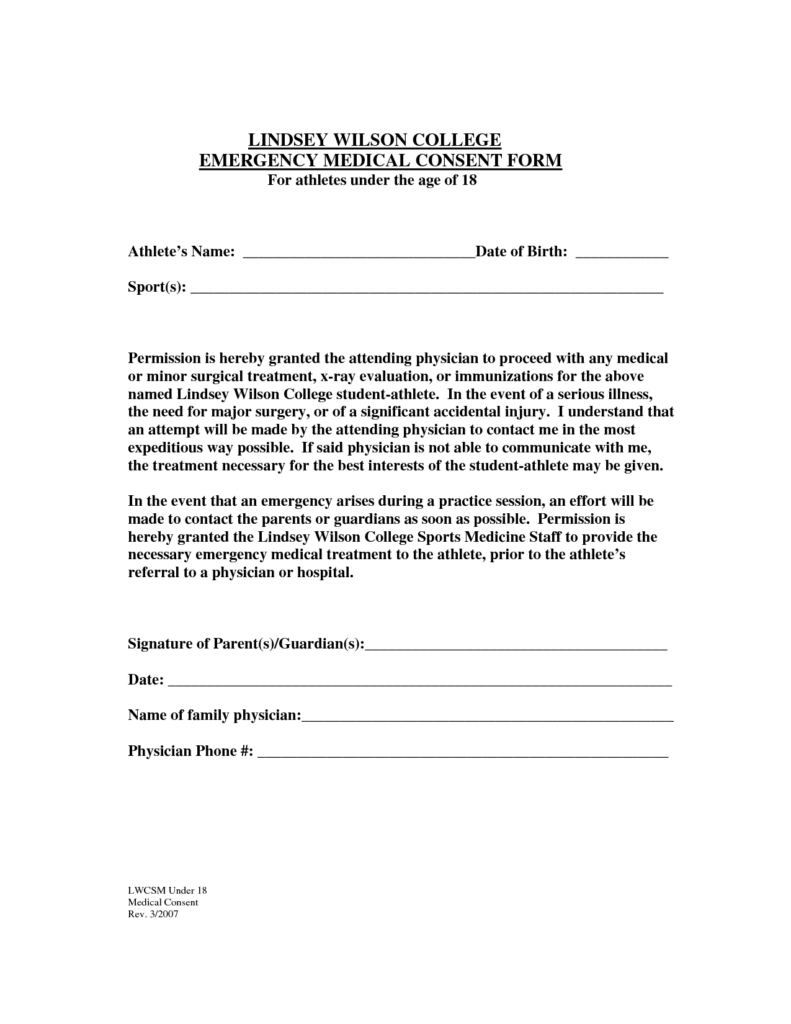 Parental Consent Form For Medical Treatment Free Printable Documents