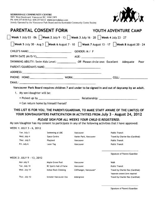 Parental Consent Form Youth Adventure Camp Kerrisdale