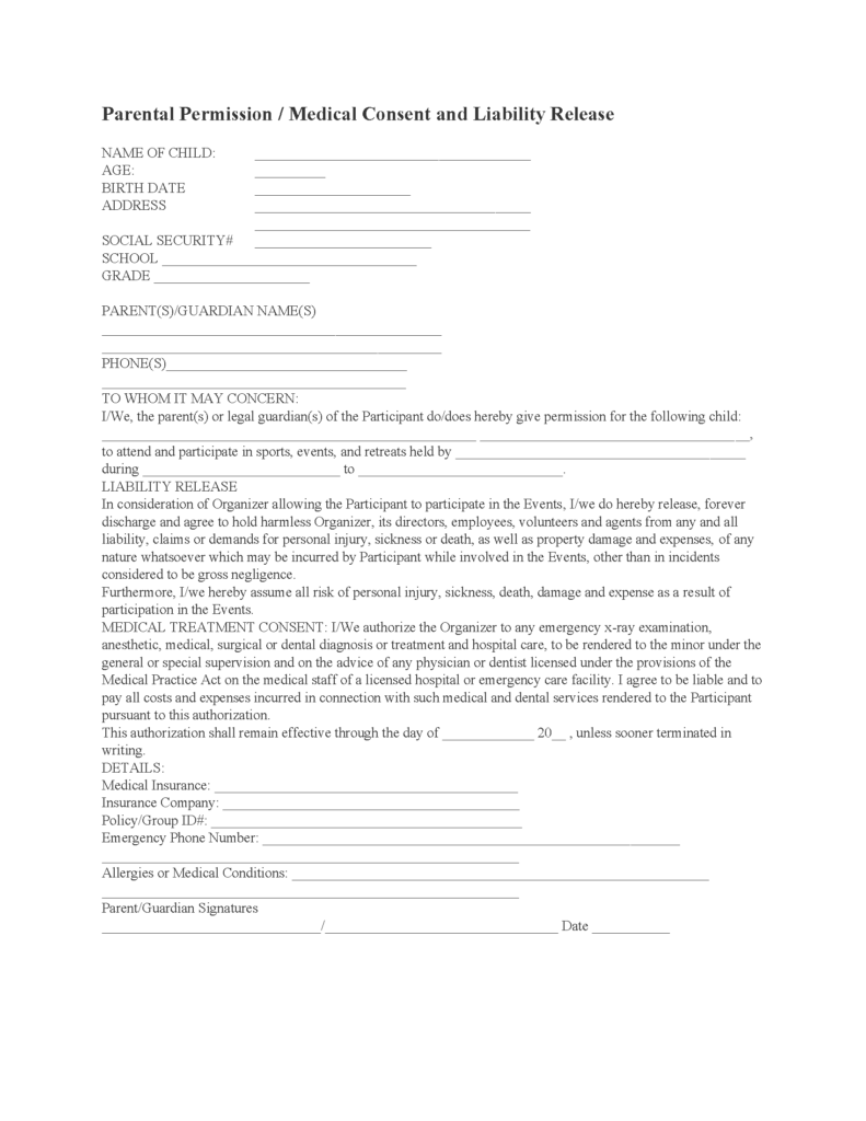 Parental Consent Medical Release Form Fillable PDF Free Printable 