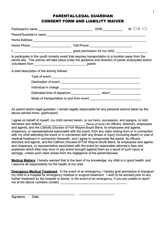 Parental legal Guardian Consent Form And Liability Waiver Printable Pdf 