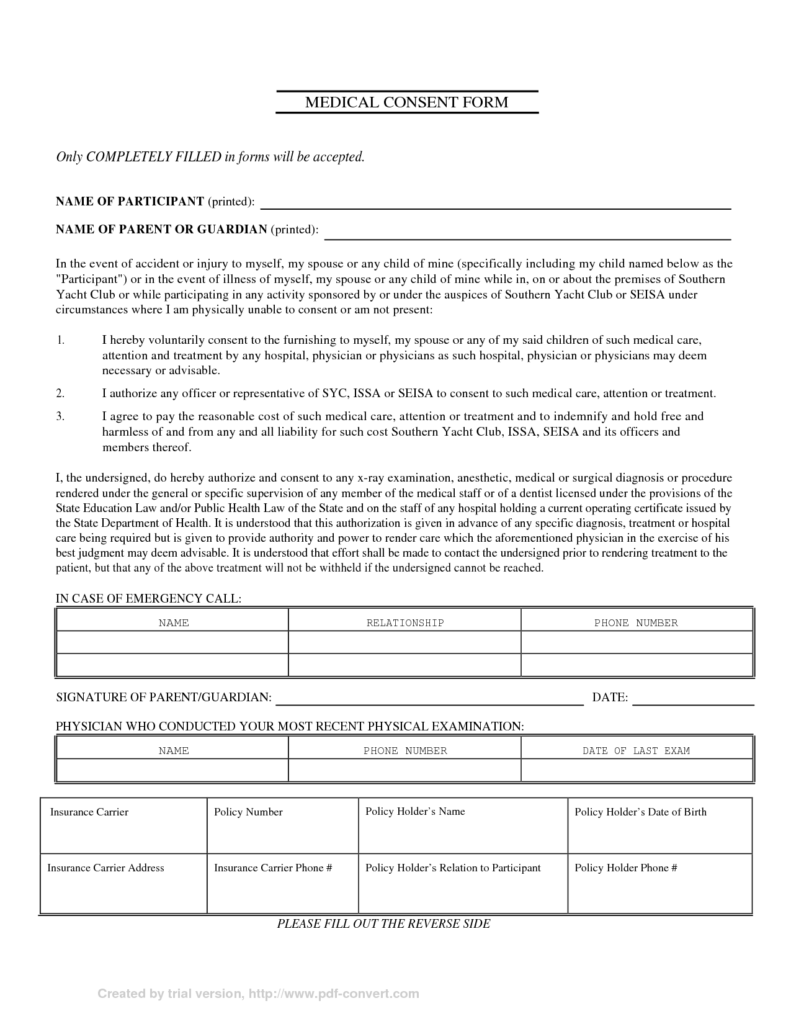 Parental Medical Consent Form Template Free Printable Documents