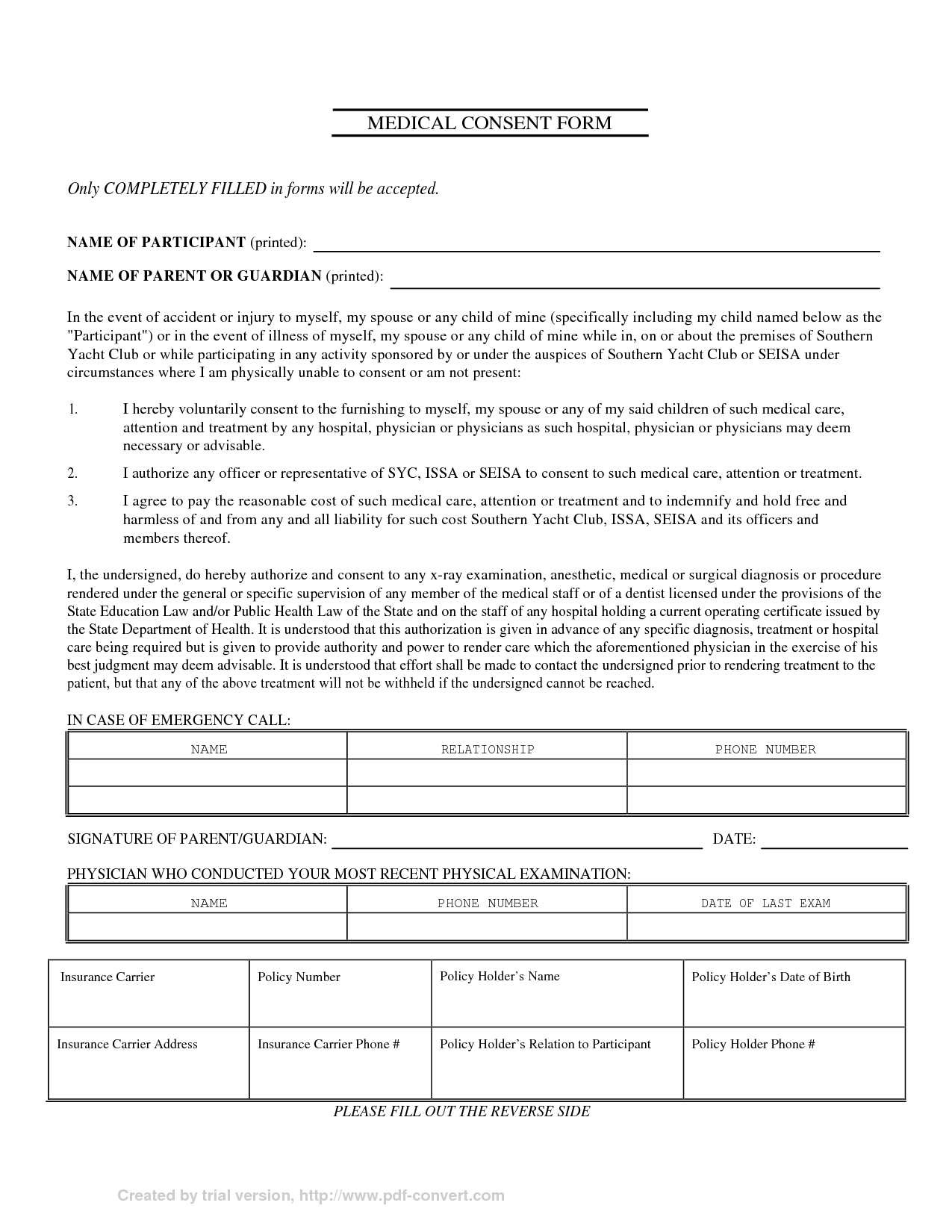 Parental Medical Consent Form Template Free Printable Documents