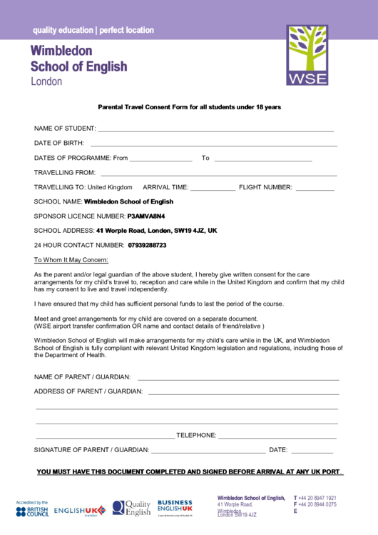 Parental Travel Consent Form For All Students Under 18 Years Printable 