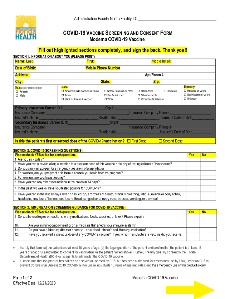 PDF COVID 19 VACCINE SCREENING And CONSENT FORM Florida Fill Out And 