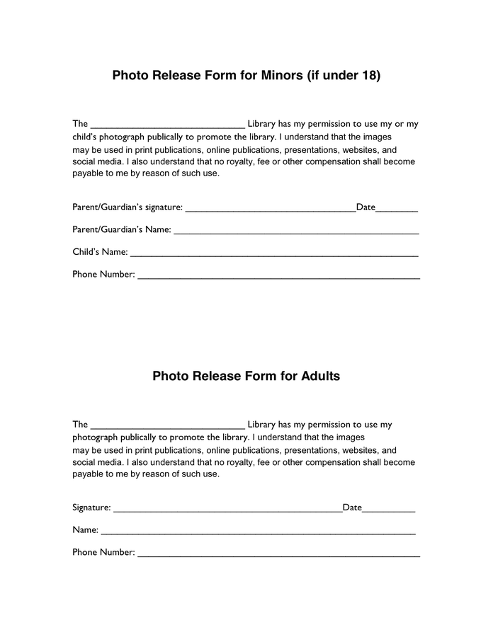 Photo Release Form For Minors In Word And Pdf Formats