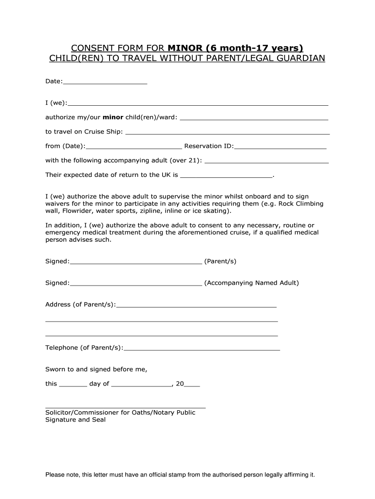 Printable Child Travel Consent Form Uk Fill Online Printable