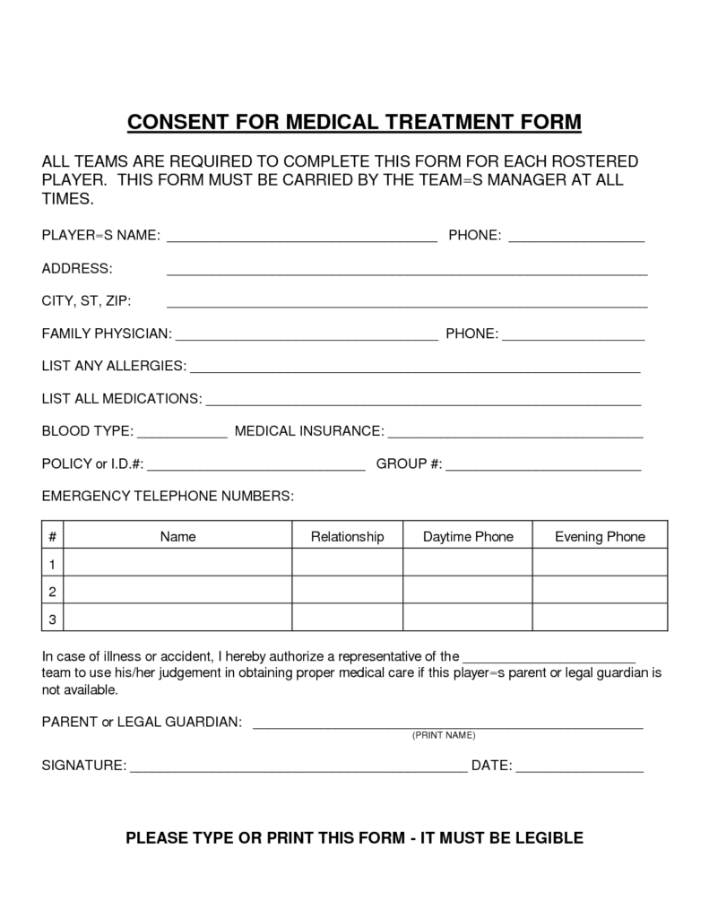 Printable Consent For Medical Treatment Form Printable Forms Free Online