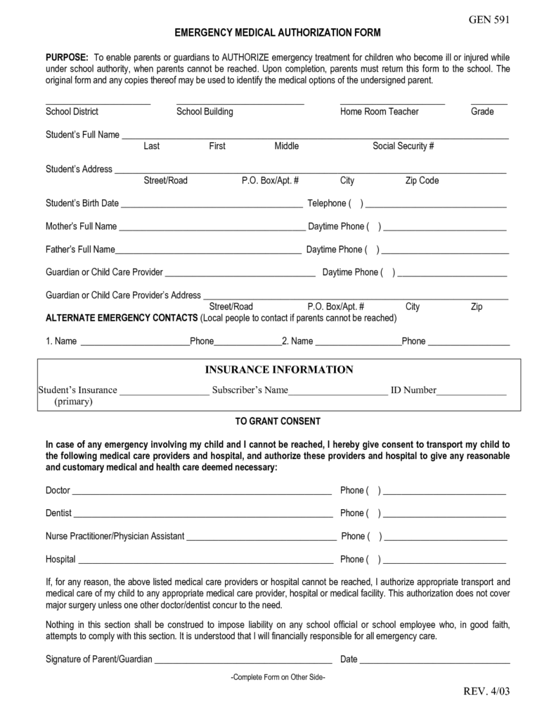 Printable Emergency Medical Authorization Form Printable Forms Free 