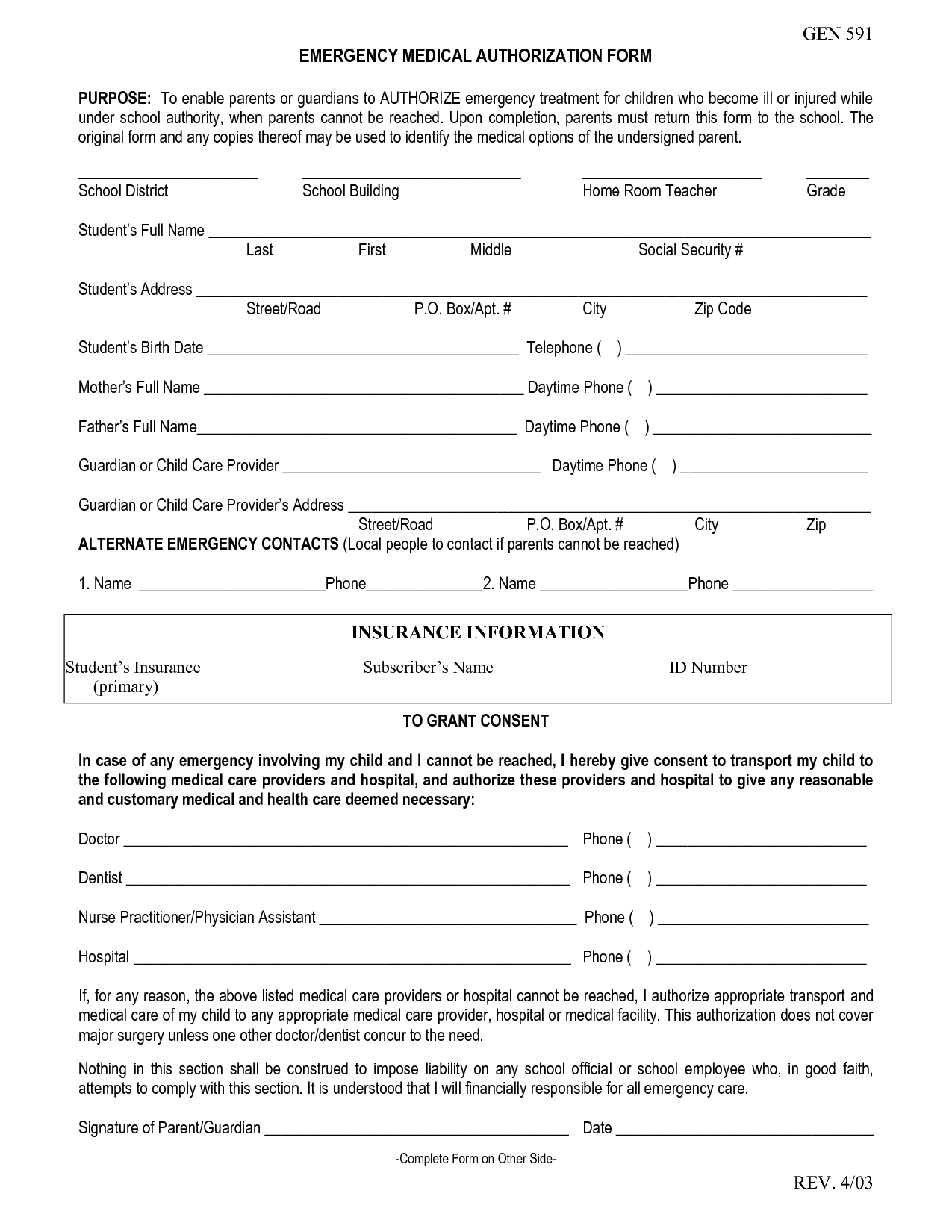 Printable Emergency Medical Authorization Form Printable Forms Free