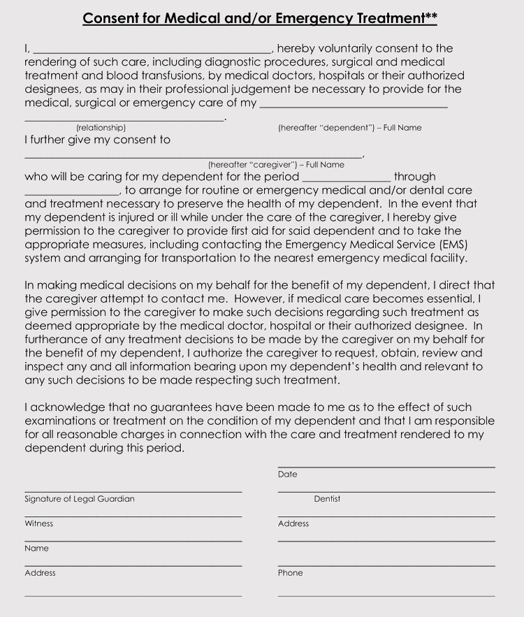 Printable Medical Consent Form For Minor While Parents Are Away 