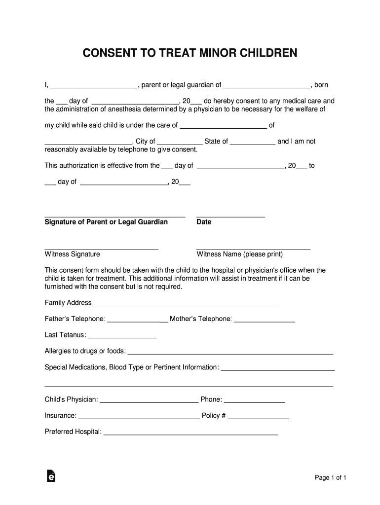 Printable Medical Consent Form For Minor While Parents Are Away Fill
