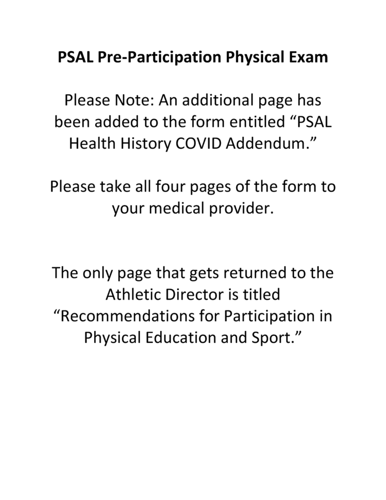 PSAL Medical Consent Form PSAL Pre Participation Physical Exam Please 