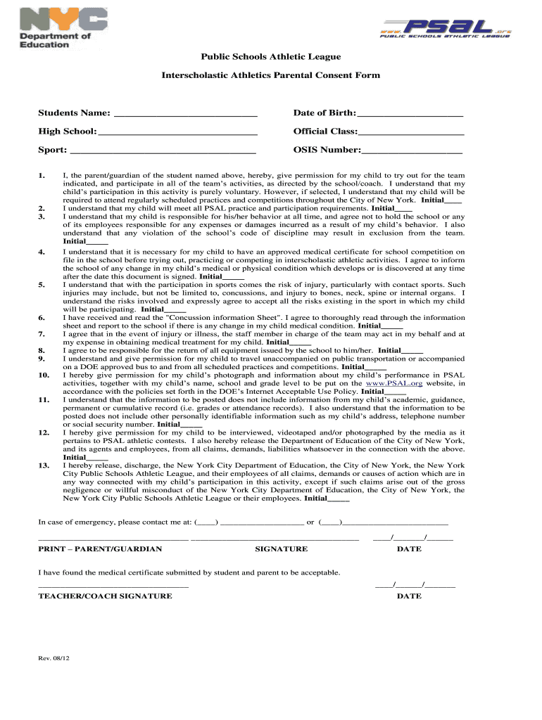 Psal Parental Consent Form Fill Online Printable Fillable Blank 