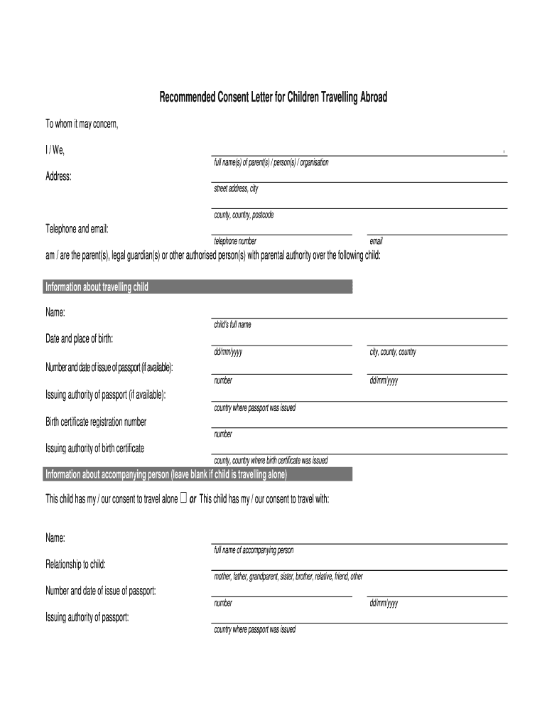 Recommended Consent Letter For Child Travelling Abroad Pdf Fill Out 