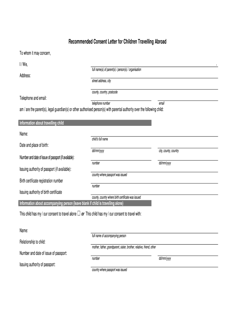 Recommended Consent Letter For Child Travelling Abroad Pdf Fill Out