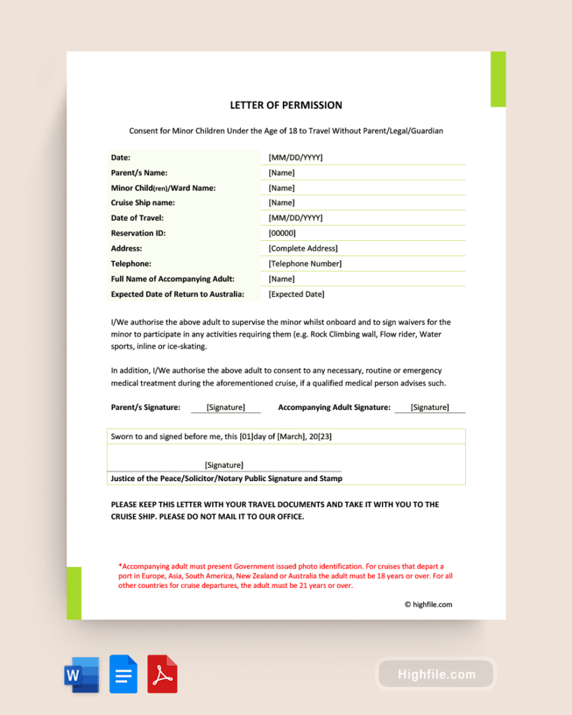 Royal Caribbean Minor Consent Form Word PDF Google Docs