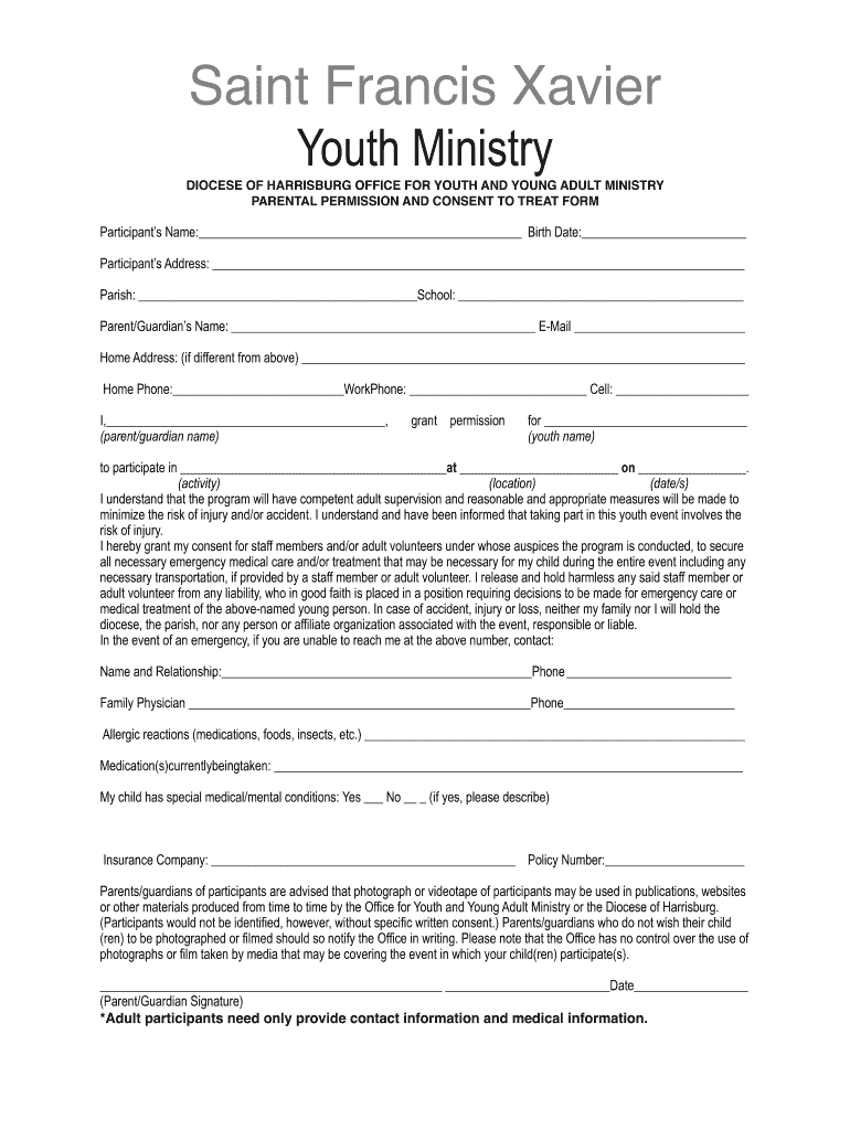 SFXS Youth Ministry Parental Permission And Consent To Treat Fill And 